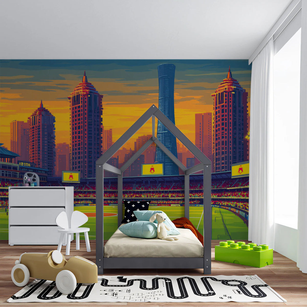 Metropolitan Stadium Skyline Mural Wallpaper in Vibrant Sunset Mural Wallpaper - room preview 03