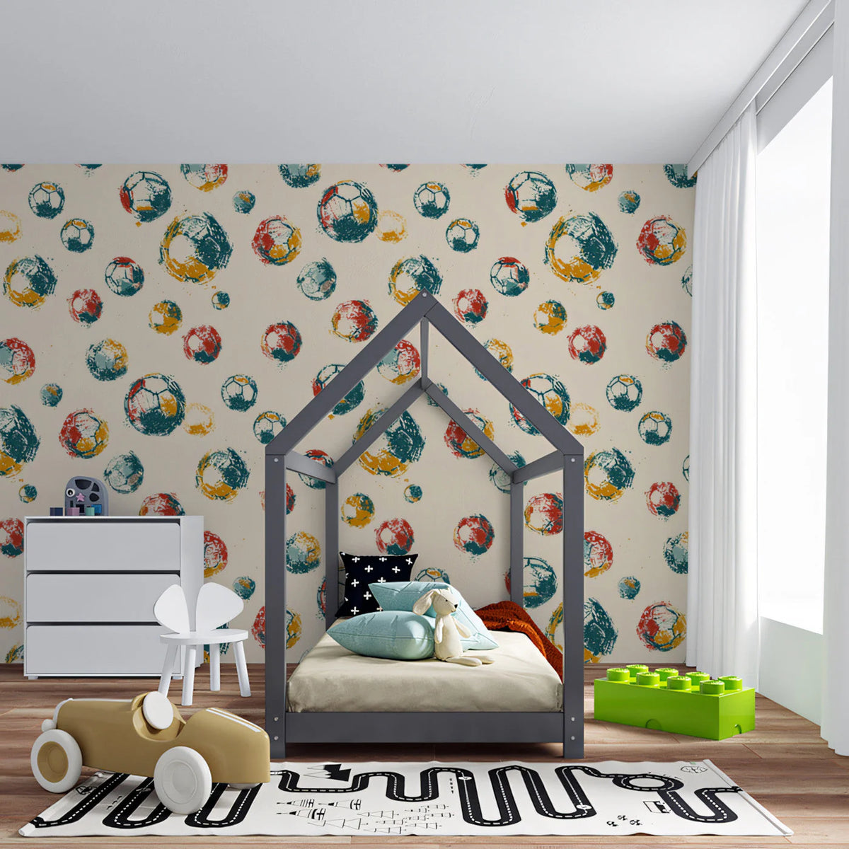 Vintage Soccer Ball Mural Wallpaper in Cream and Primary Tones Mural Wallpaper - room preview 03