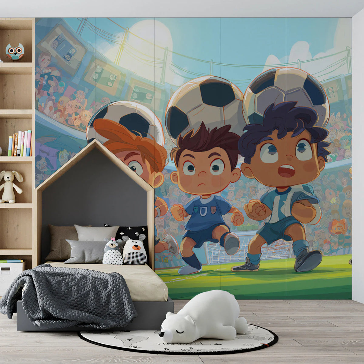 Chibi Soccer Stars Kids Mural Wallpaper — Vibrant Cartoon Sports Scene Mural Wallpaper - room preview 03