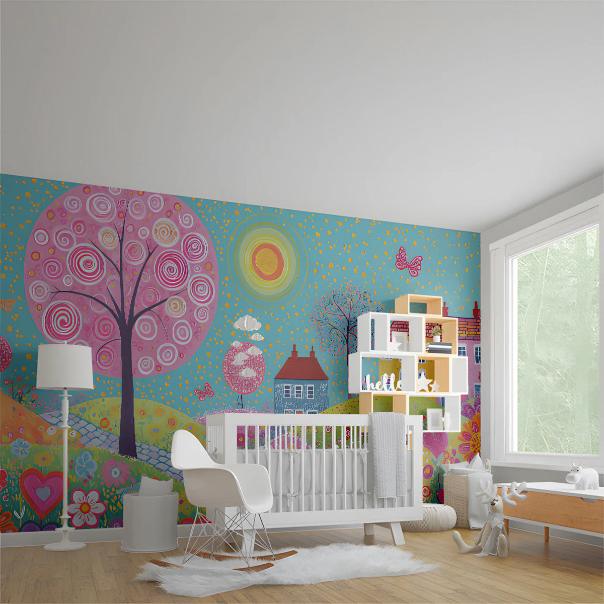 Whimsical Garden Folk Art Mural Wallpaper — Vibrant Colorful Scene Mural Wallpaper - room preview 03