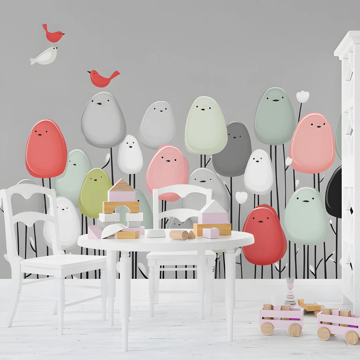 Whimsical Bird Garden Mural Wallpaper — Playful Nature Design Mural Wallpaper - room preview 03