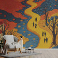 Winding River Village Mural Wallpaper — Folk Art Landscape Mural Wallpaper - room preview 03