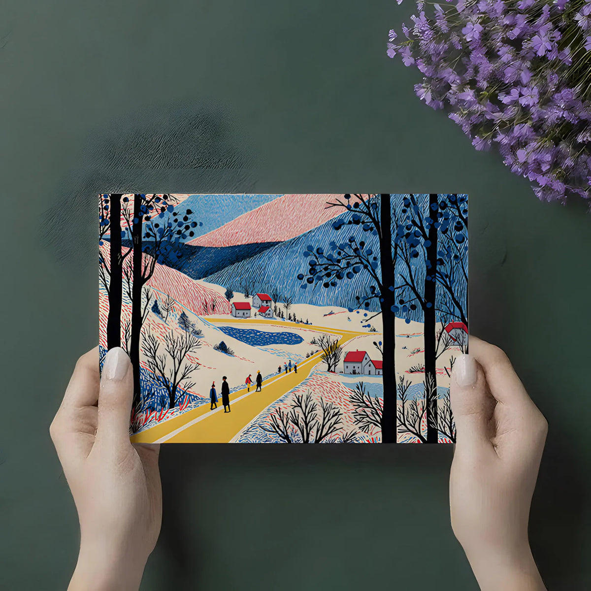 Stroll Through the Valley Mural Wallpaper — Artistic Folk Scene Mural Wallpaper - room preview 03