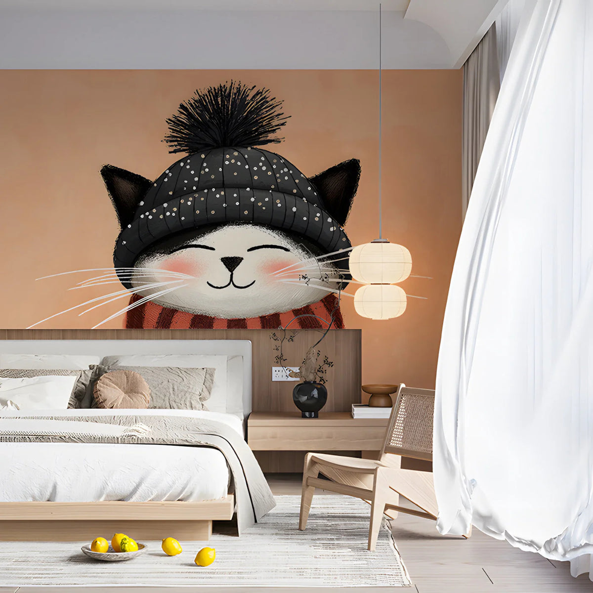 Cozy Winter Cat Mural Wallpaper — Whimsical Illustration Mural Wallpaper - room preview 03