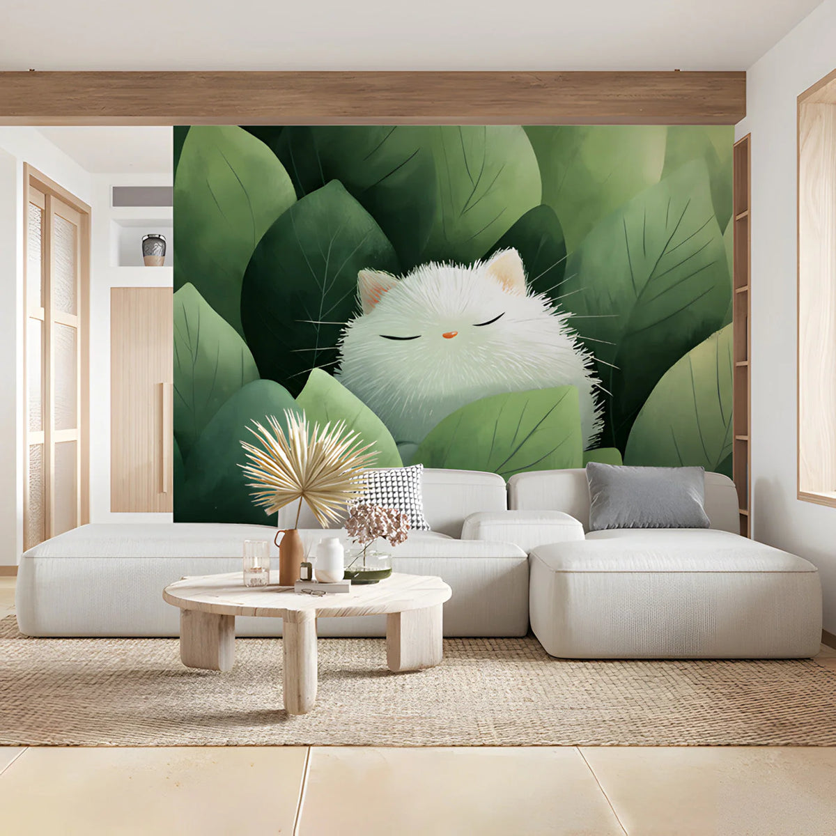 Sleeping White Cat in Green Foliage Mural Wallpaper - room preview 03