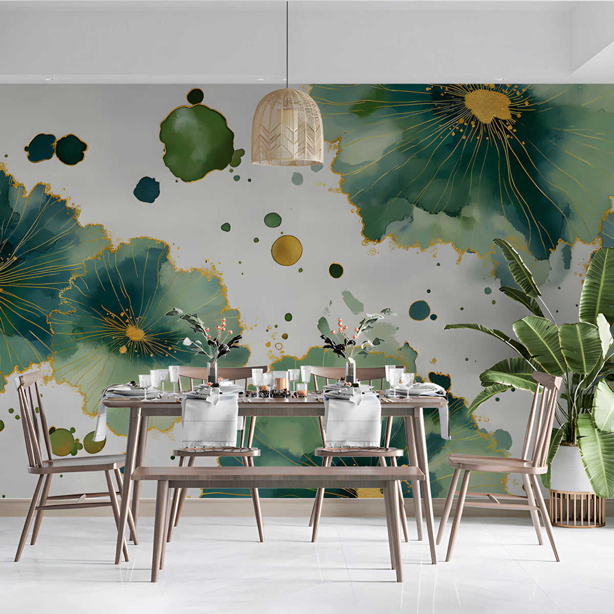 Emerald Bloom Abstract Mural Wallpaper with Gilded Accents Mural Wallpaper - room preview 03