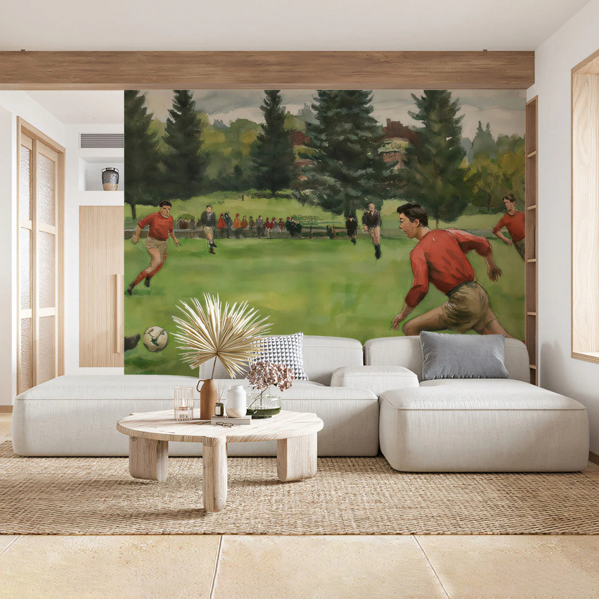 Vintage Soccer Match Mural Wallpaper — Artistic Sporting Scene Mural Wallpaper - room preview 03