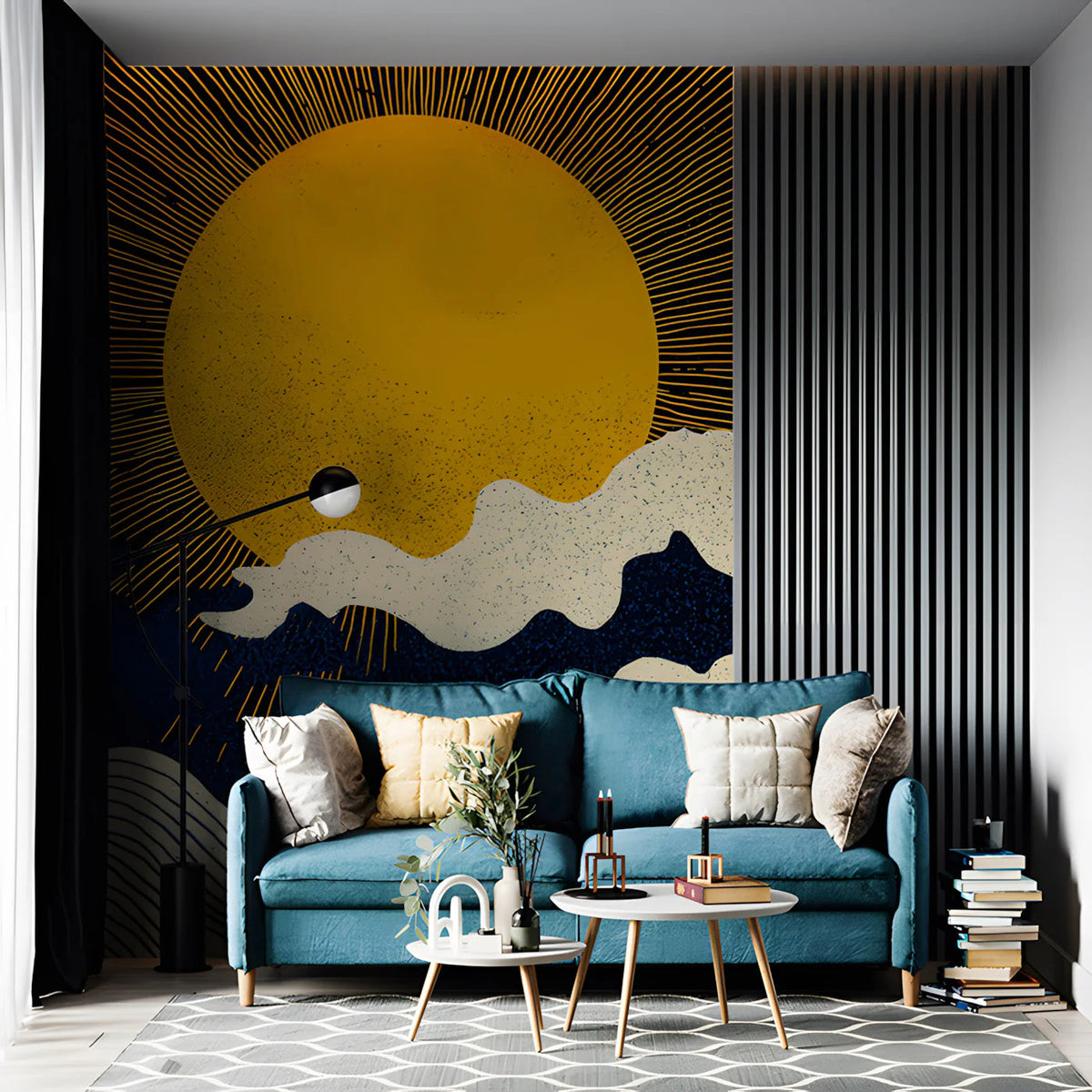 Solar Waves Mural Wallpaper — Japanese Inspired Celestial Art Mural Wallpaper - room preview 03