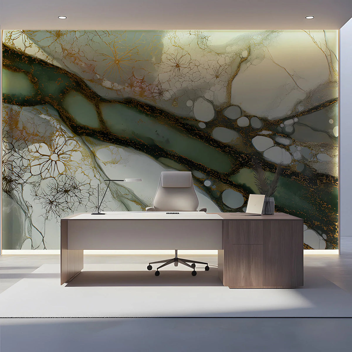 Ethereal Moss and Gold Fluid Art Mural Wallpaper - room preview 03