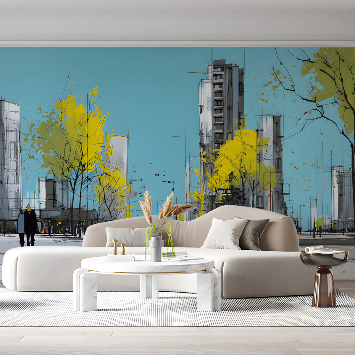 Urban Sketch Cityscape Mural Wallpaper with Vibrant Yellow Trees Mural Wallpaper - room preview 03