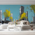 Urban Sketch Cityscape Mural Wallpaper with Vibrant Yellow Trees Mural Wallpaper - room preview 03