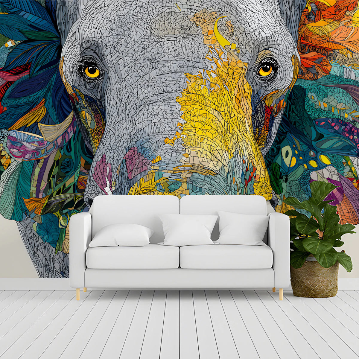 Mosaic Elephant Mural Wallpaper — Vibrant Animal Art Mural Wallpaper - room preview 03