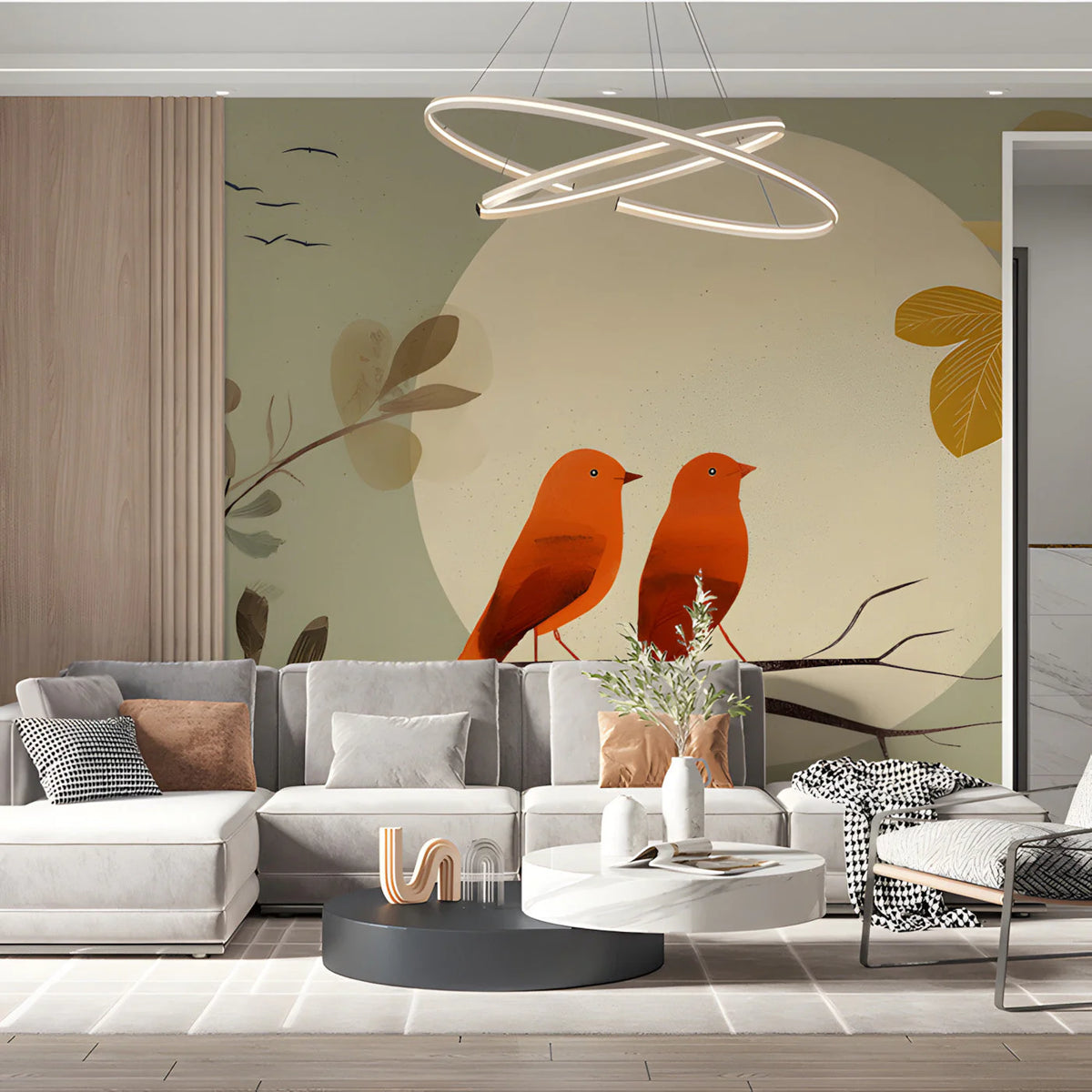 Sunlit Songbirds Mural Wallpaper — Whimsical Nature Illustration Mural Wallpaper - room preview 03