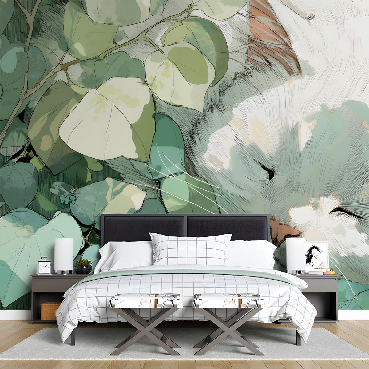 Sleeping Cat in Garden Mural Wallpaper — Whimsical Illustration Mural Wallpaper - room preview 03