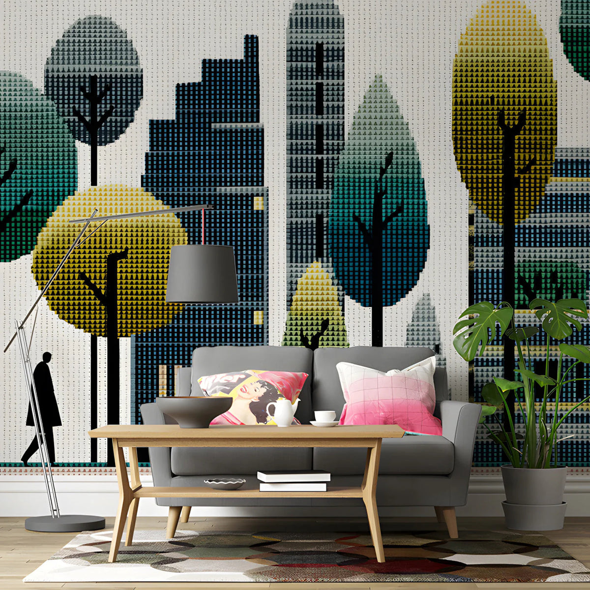 Pixelated Cityscape Mural Wallpaper — Modern Urban Abstract Mural Wallpaper - room preview 03