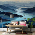 Blue Mountain Landscape Mural Wallpaper in Ink Wash Style Mural Wallpaper - room preview 03