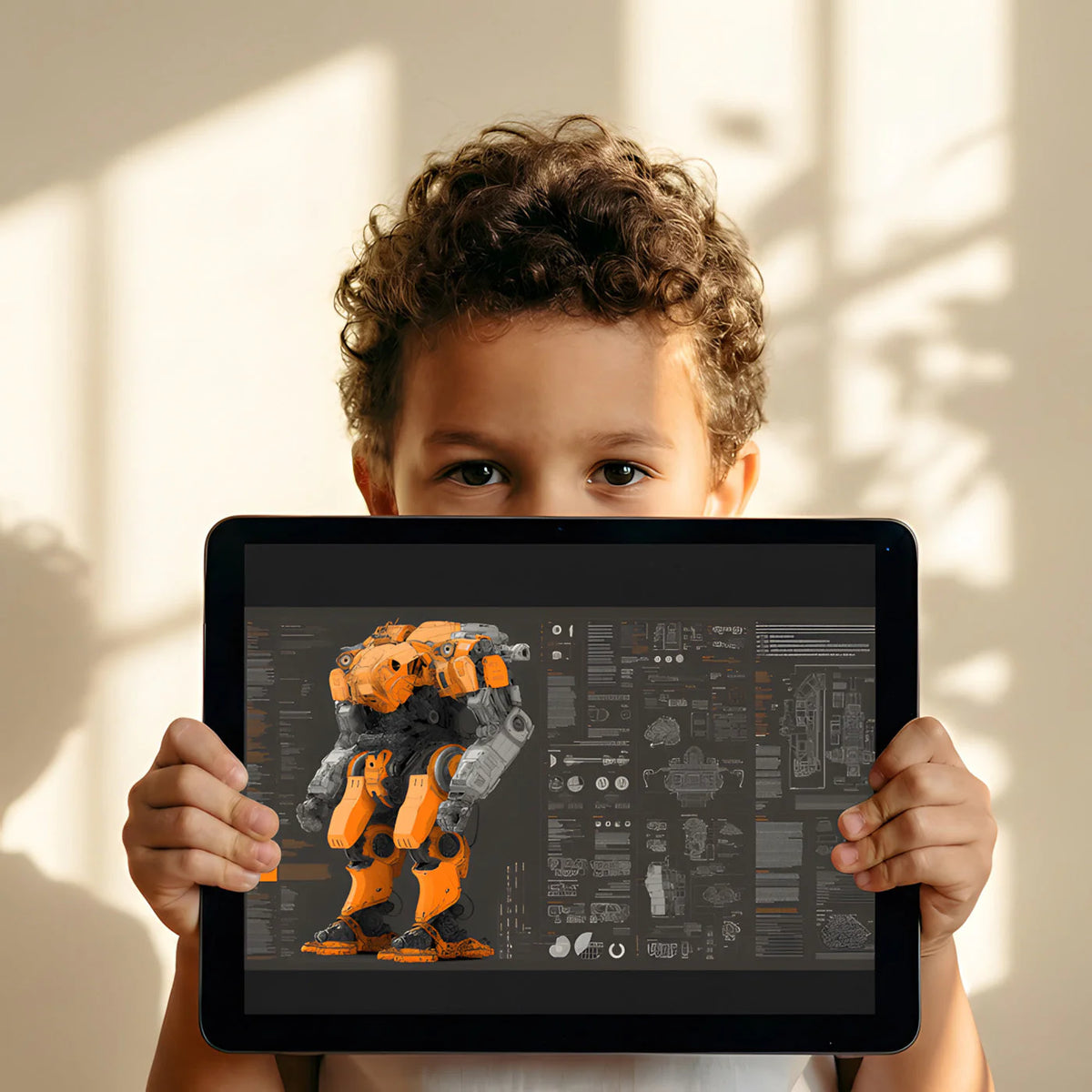 Industrial Mecha Blueprint Mural Wallpaper in Charcoal and Orange Mural Wallpaper - room preview 03
