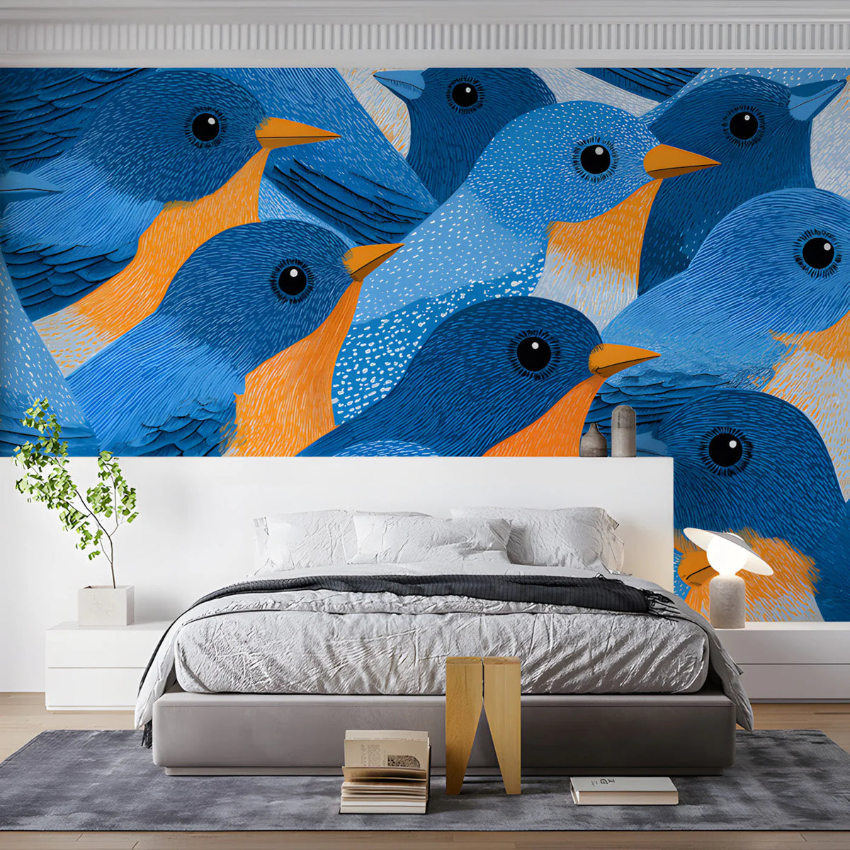 Bluebird Flock Mural Wallpaper — Artistic Whimsical Illustration Mural Wallpaper - room preview 03