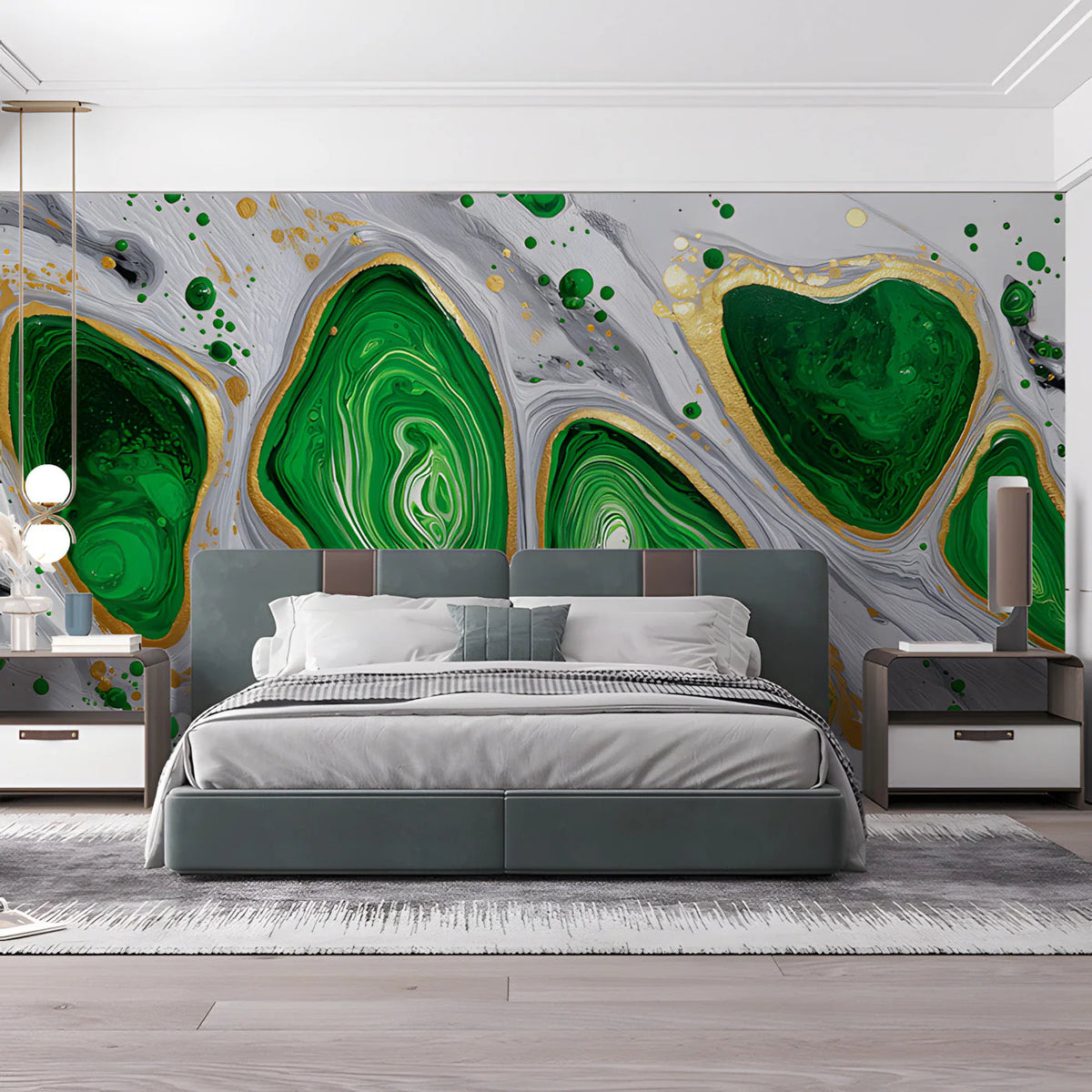 Malachite Fluid Pour Mural Wallpaper —Modern Abstract Gold Accents Mural Wallpaper - room preview 03