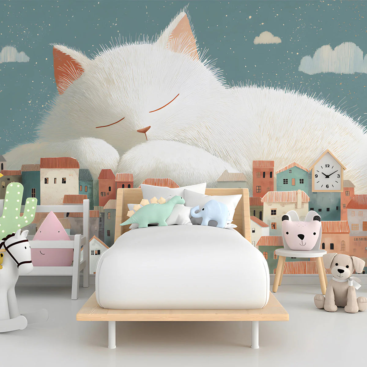 Sleeping Giant Cat Mural Wallpaper — Whimsical Town Scene Mural Wallpaper - room preview 03