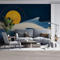 Celestial Moon Abstract Mural Wallpaper in Deep Navy and Gold Mural Wallpaper - room preview 03