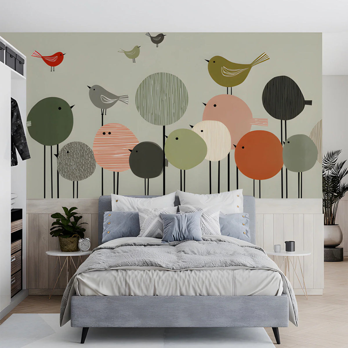 Whimsical Bird Gathering Mural Wallpaper in Soft Earth Tones Mural Wallpaper - room preview 03