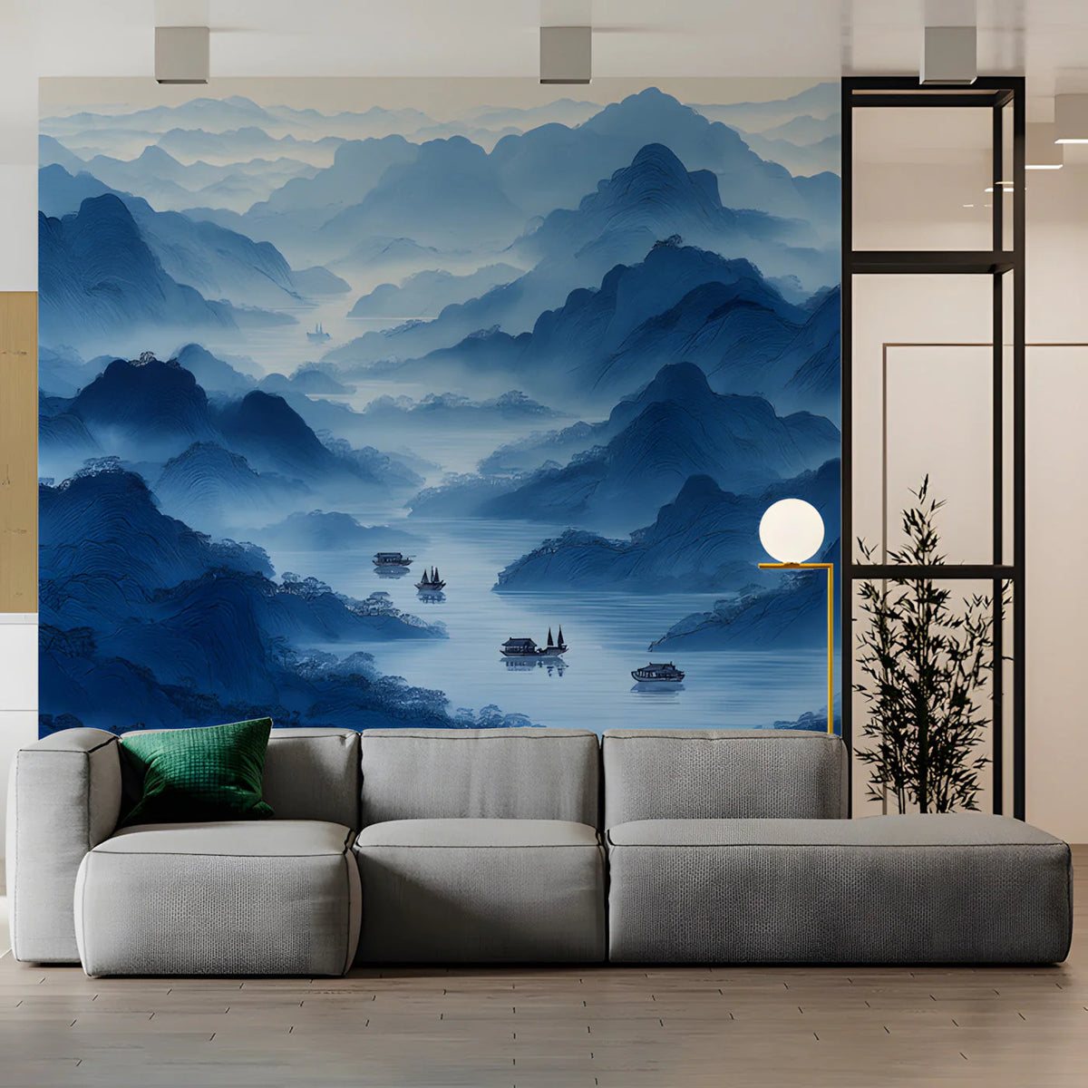 Mist-Covered Mountain Valley Mural Wallpaper in Cobalt Blue Mural Wallpaper - room preview 03