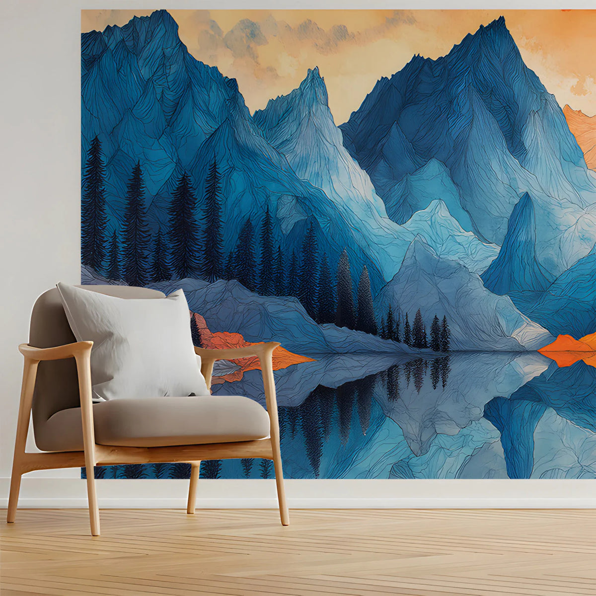 Dual Tone Mountain Lake Mural Wallpaper in Vibrant Ink Style Mural Wallpaper - room preview 03