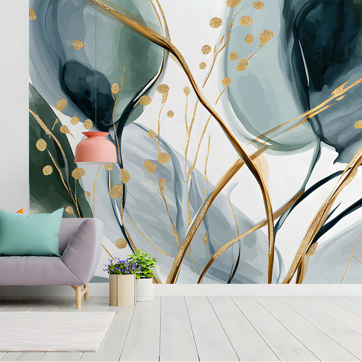 Emerald and Gold Watercolor Botanical Mural Wallpaper - room preview 03
