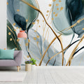 Emerald and Gold Watercolor Botanical Mural Wallpaper - room preview 03