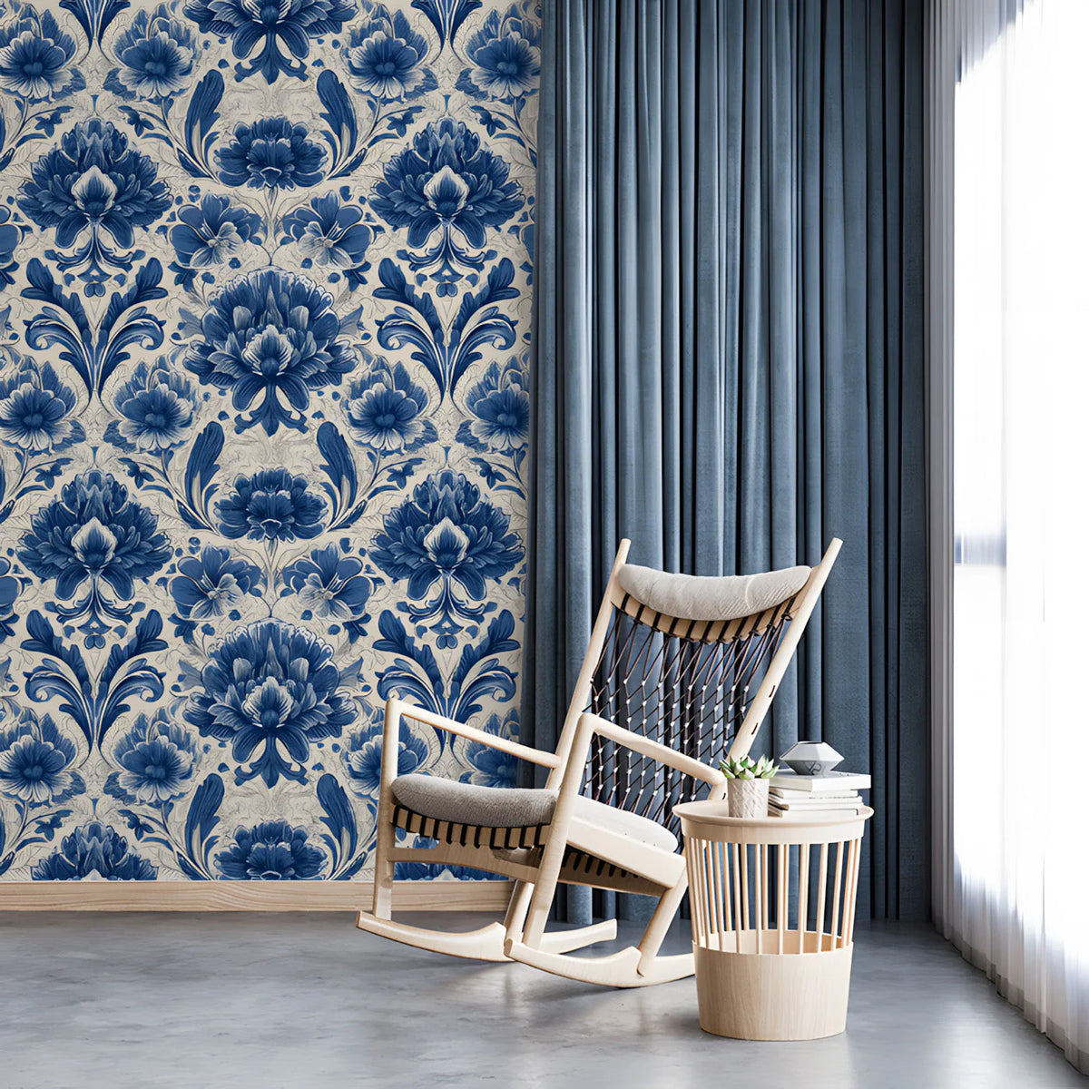 Indigo Botanical Damask Mural Wallpaper — Classic Floral Pattern Mural Wallpaper - room preview 03