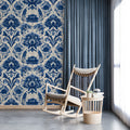Indigo Botanical Damask Mural Wallpaper — Classic Floral Pattern Mural Wallpaper - room preview 03