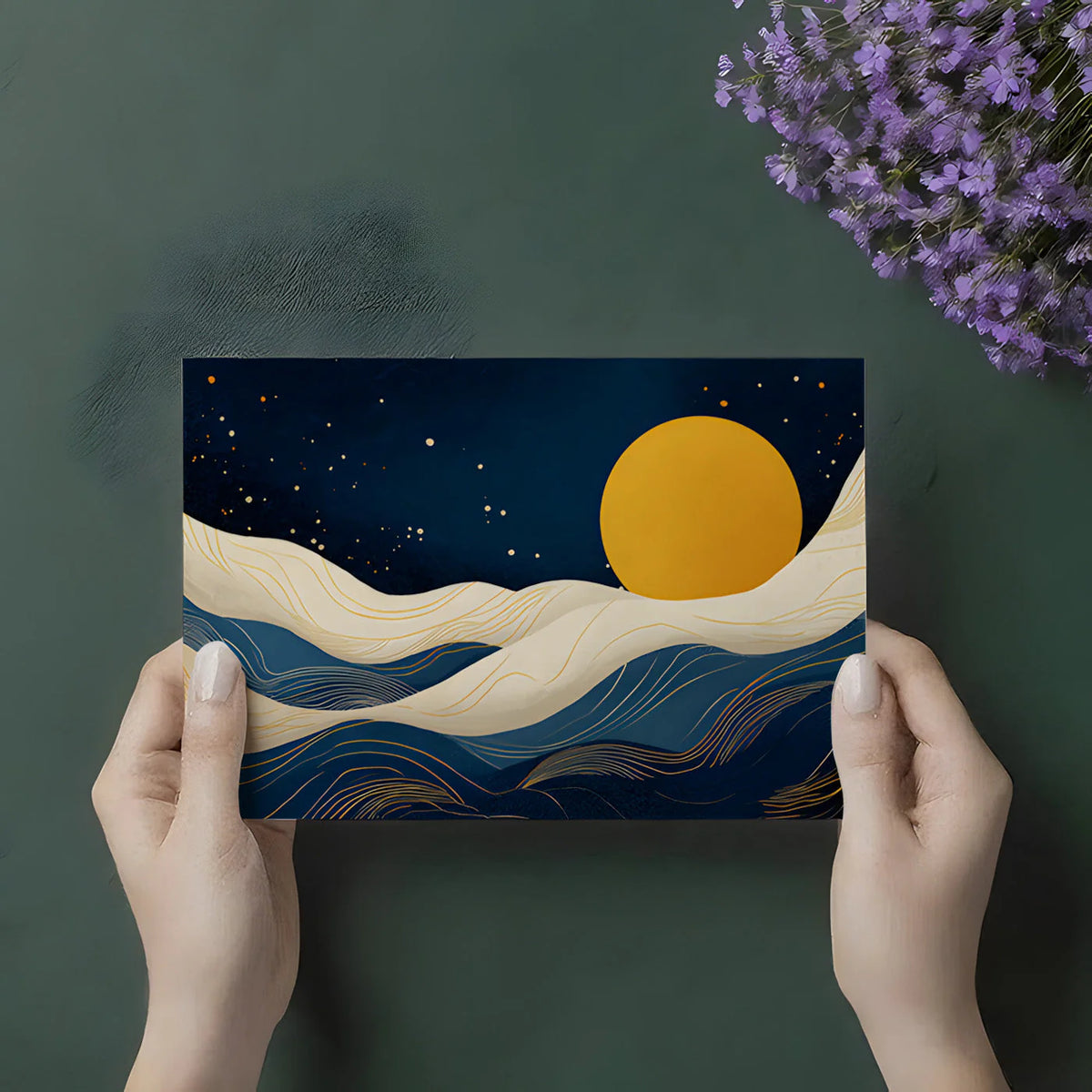 Golden Moon Celestial Wave Mural Wallpaper — Abstract Navy Blue Mural Wallpaper - room preview 03