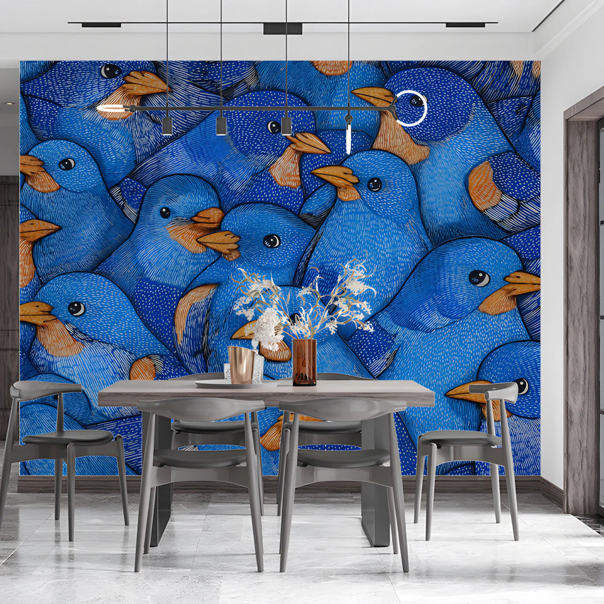 Bluebird Flock Mural Wallpaper —Hand-Drawn Whimsical Pattern Mural Wallpaper - room preview 03