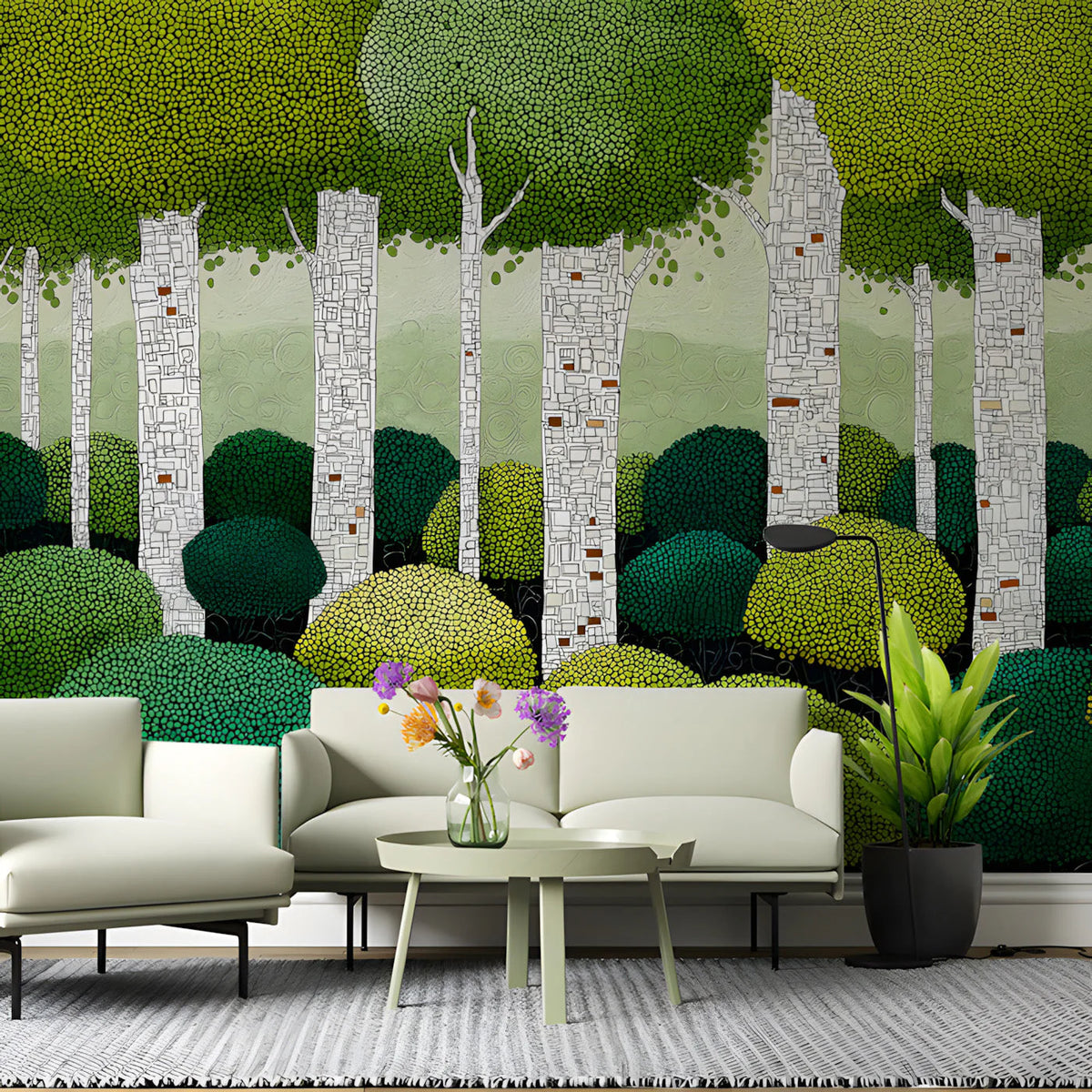 Pointillist Birch Forest Mural Wallpaper in Verdant Green Mural Wallpaper - room preview 03