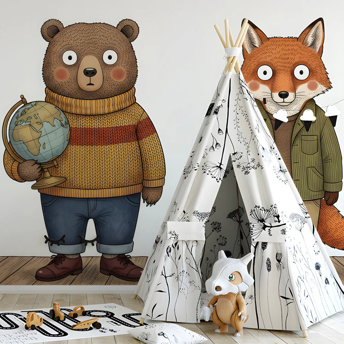 Illustrated Bear and Fox Friends Mural Wallpaper - room preview 03