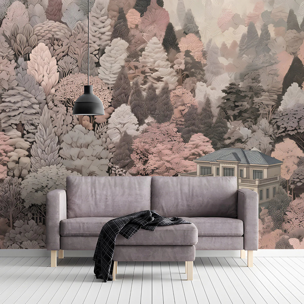 Blush Forest Manor Mural Wallpaper — Artistic Architectural Print Mural Wallpaper - room preview 03