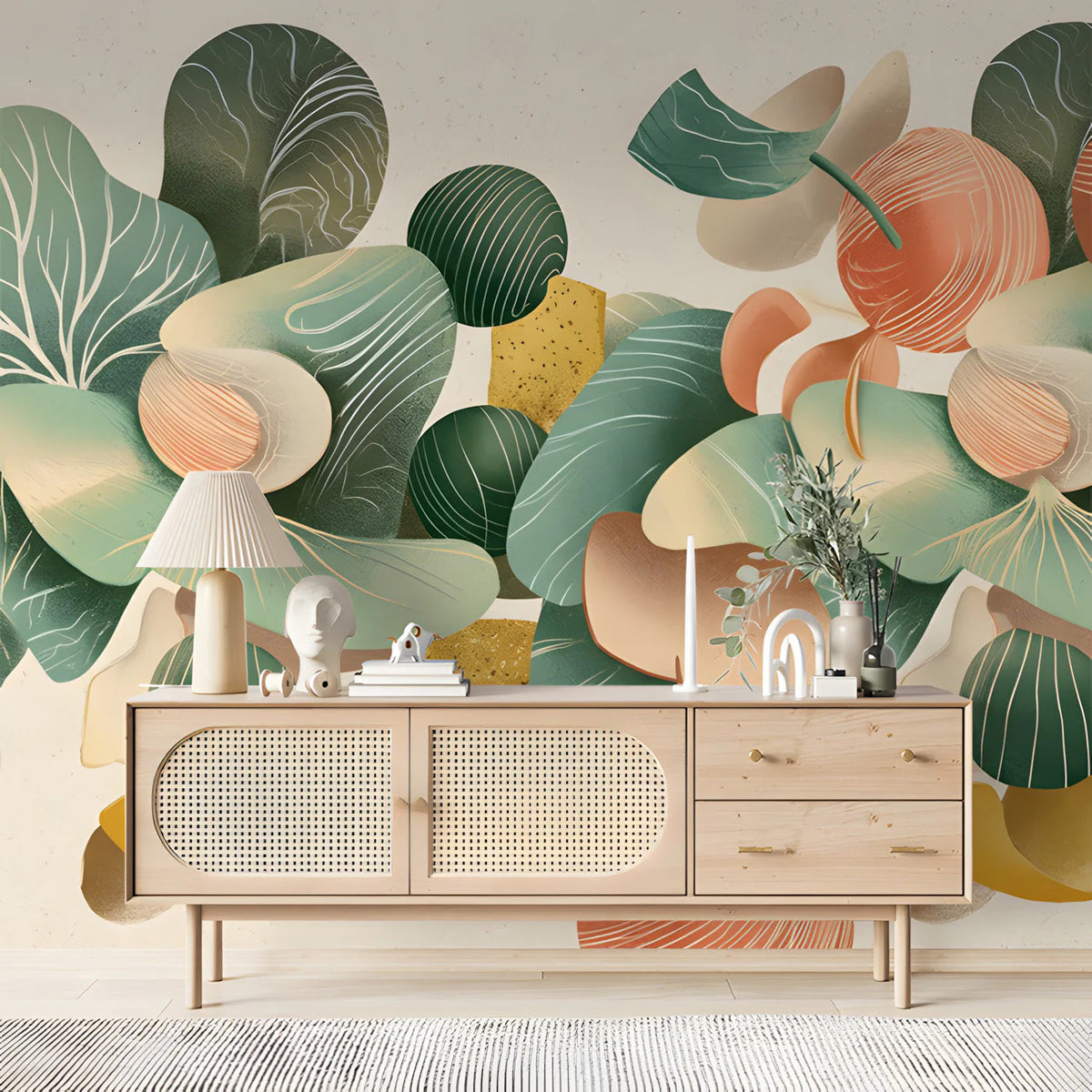Abstract Organic Foliage Mural Wallpaper in Soft Sage and Salmon Mural Wallpaper - room preview 03