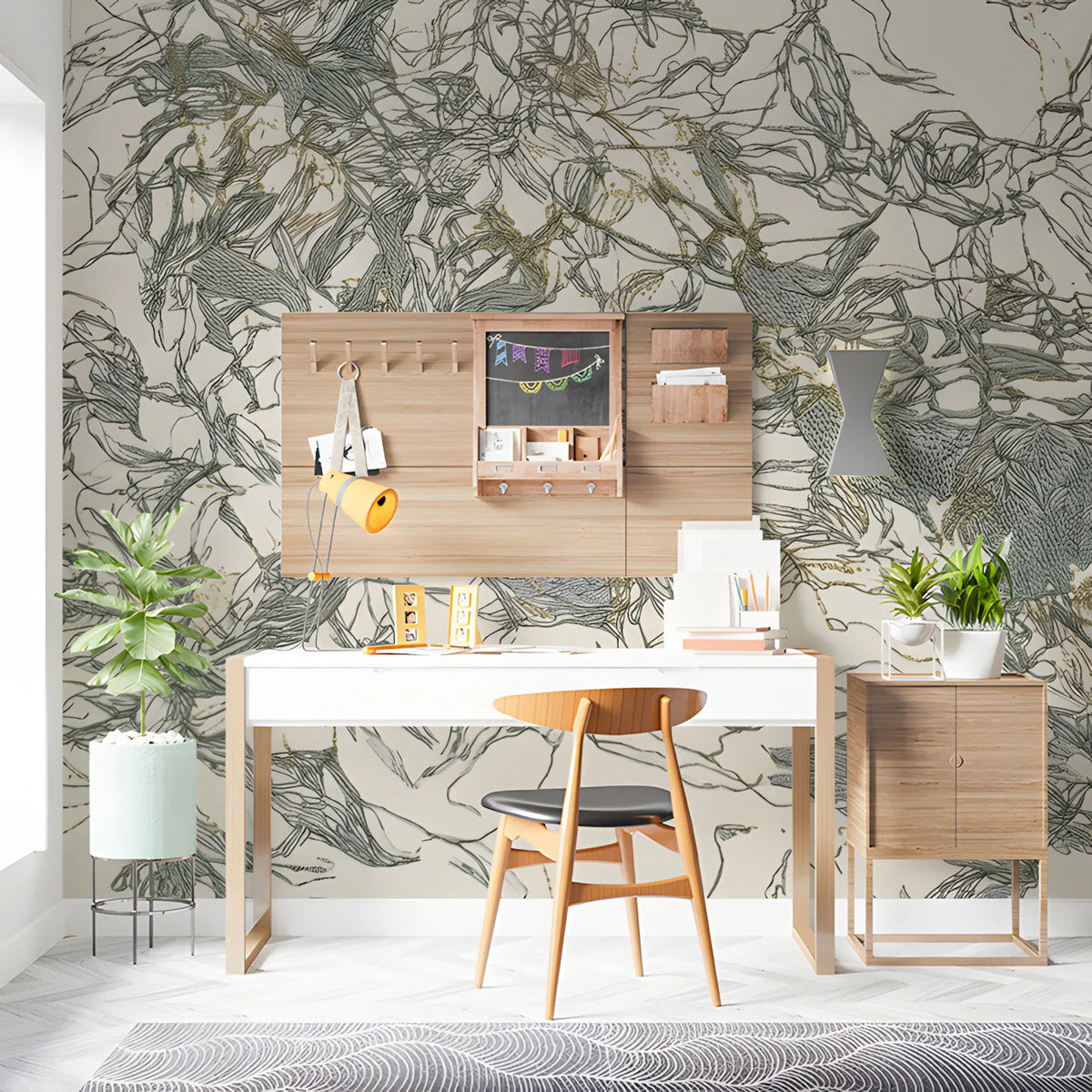 Abstract Foliage Line Art Mural Wallpaper with Gold Accents Mural Wallpaper - room preview 03