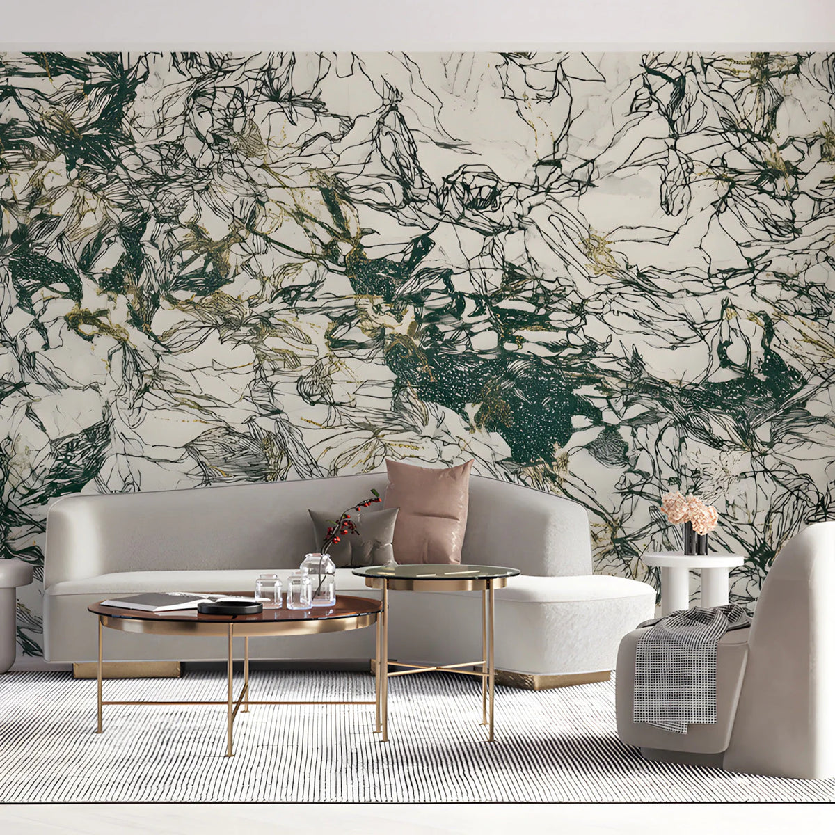 Abstract Ink Botanical Mural Wallpaper in Forest Green and Gold Mural Wallpaper - room preview 03