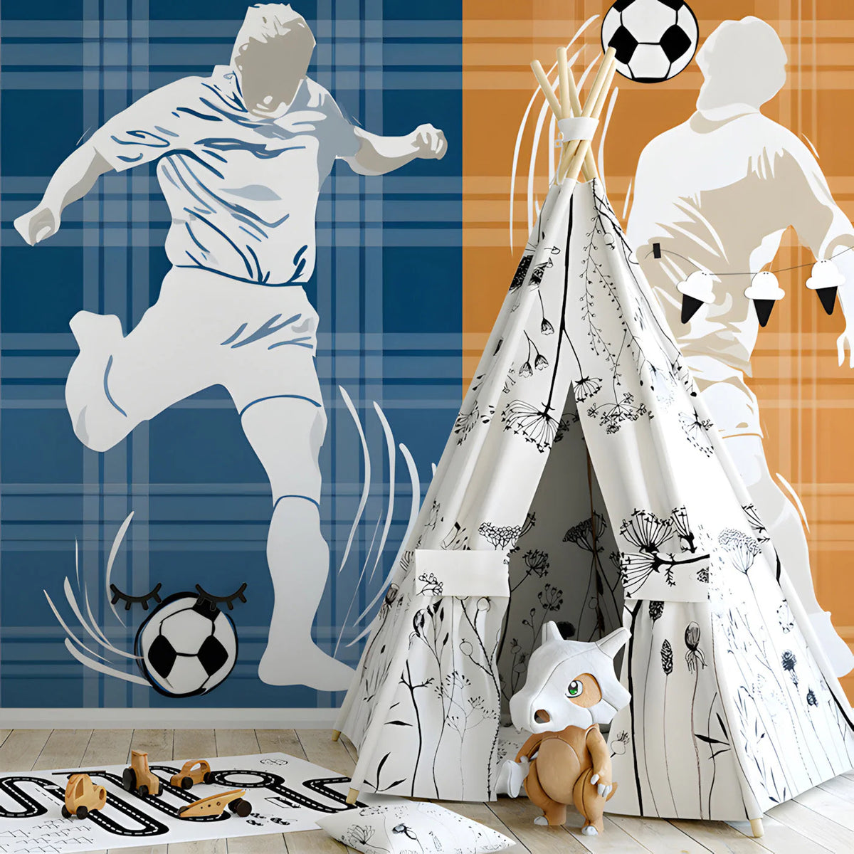 Dynamic Football Player Mural Wallpaper in Plaid Color Blocks Mural Wallpaper - room preview 03