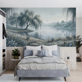 Willow Lake Landscape Mural Wallpaper — Soft Blue Sketch Mural Wallpaper - room preview 03