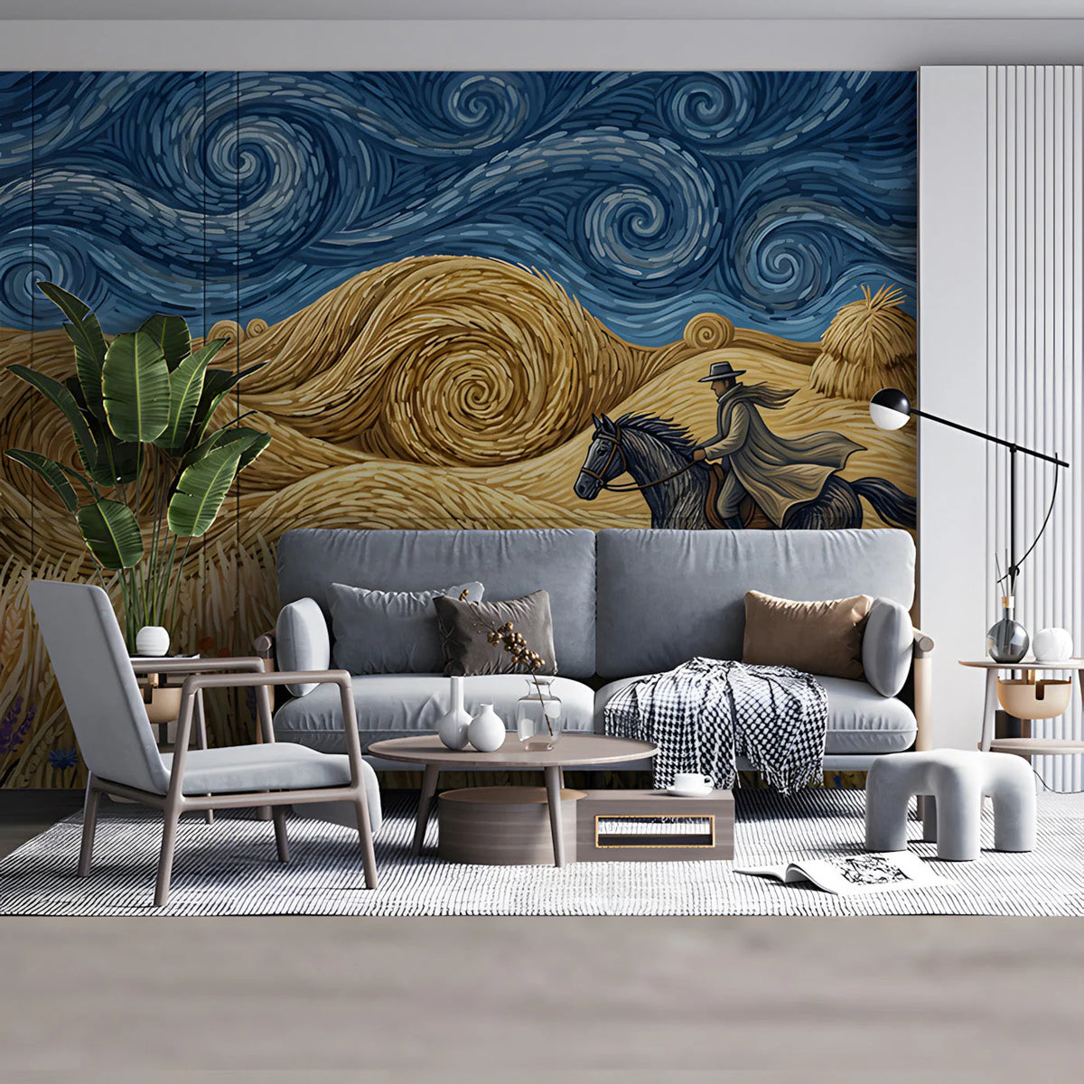 Van Gogh Style Wheat Field Mural Wallpaper with Galloping Horse Mural Wallpaper - room preview 03