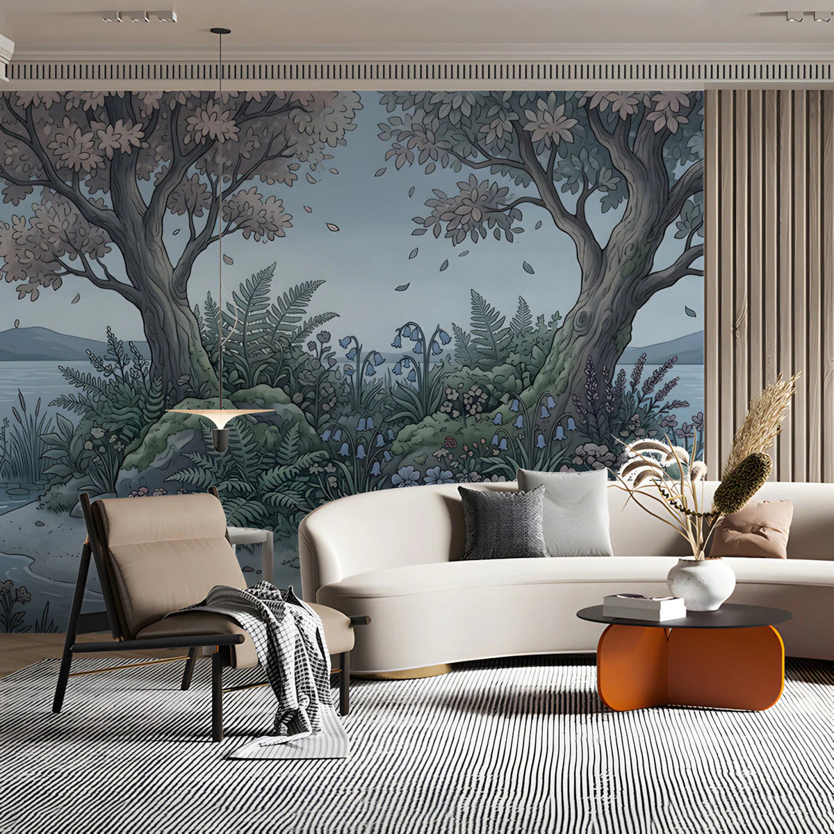 Enchanted Lakeside Mural Wallpaper with Hand-Drawn Floral Motif Mural Wallpaper - room preview 03