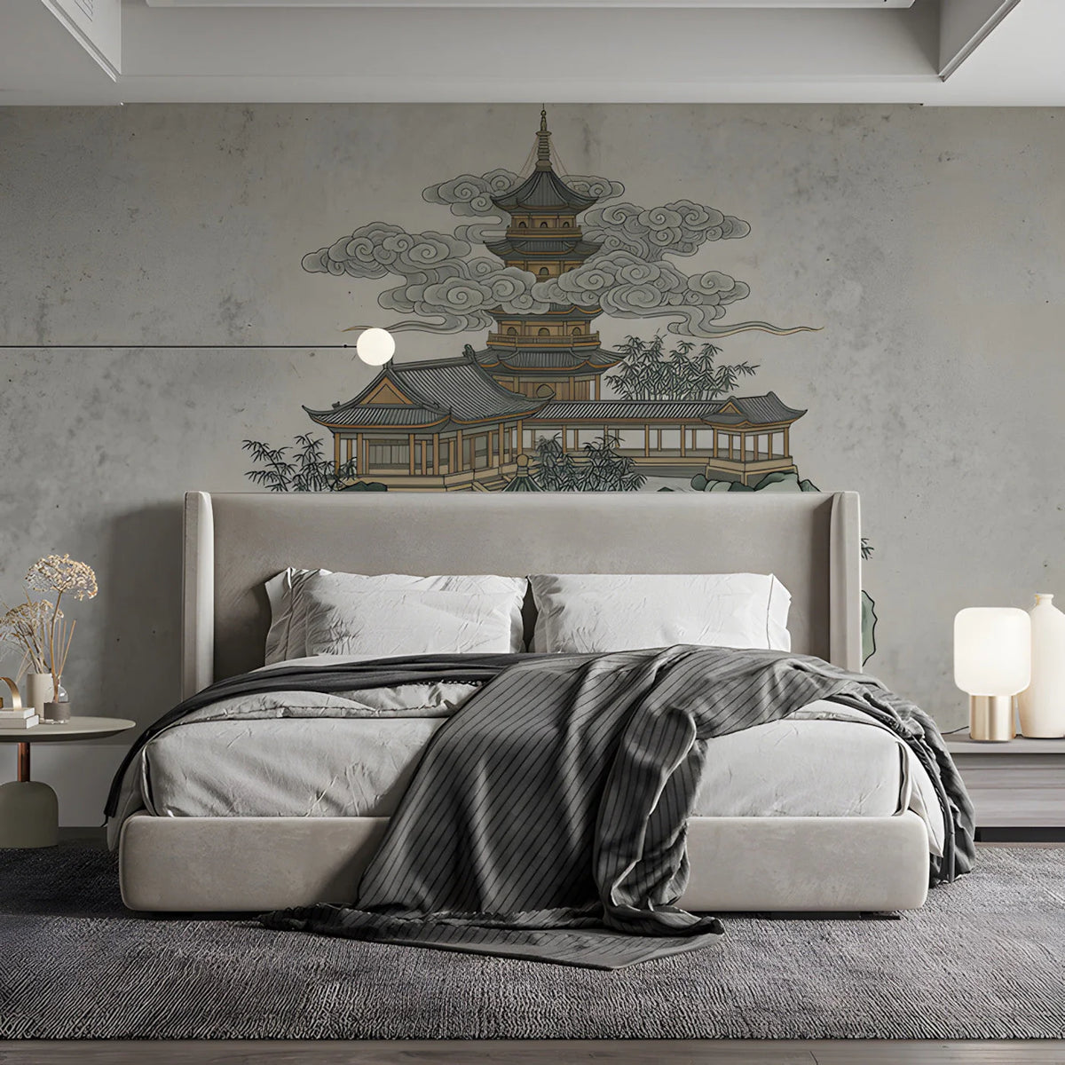 Oriental Pagoda Mountain Landscape Mural Wallpaper - room preview 03