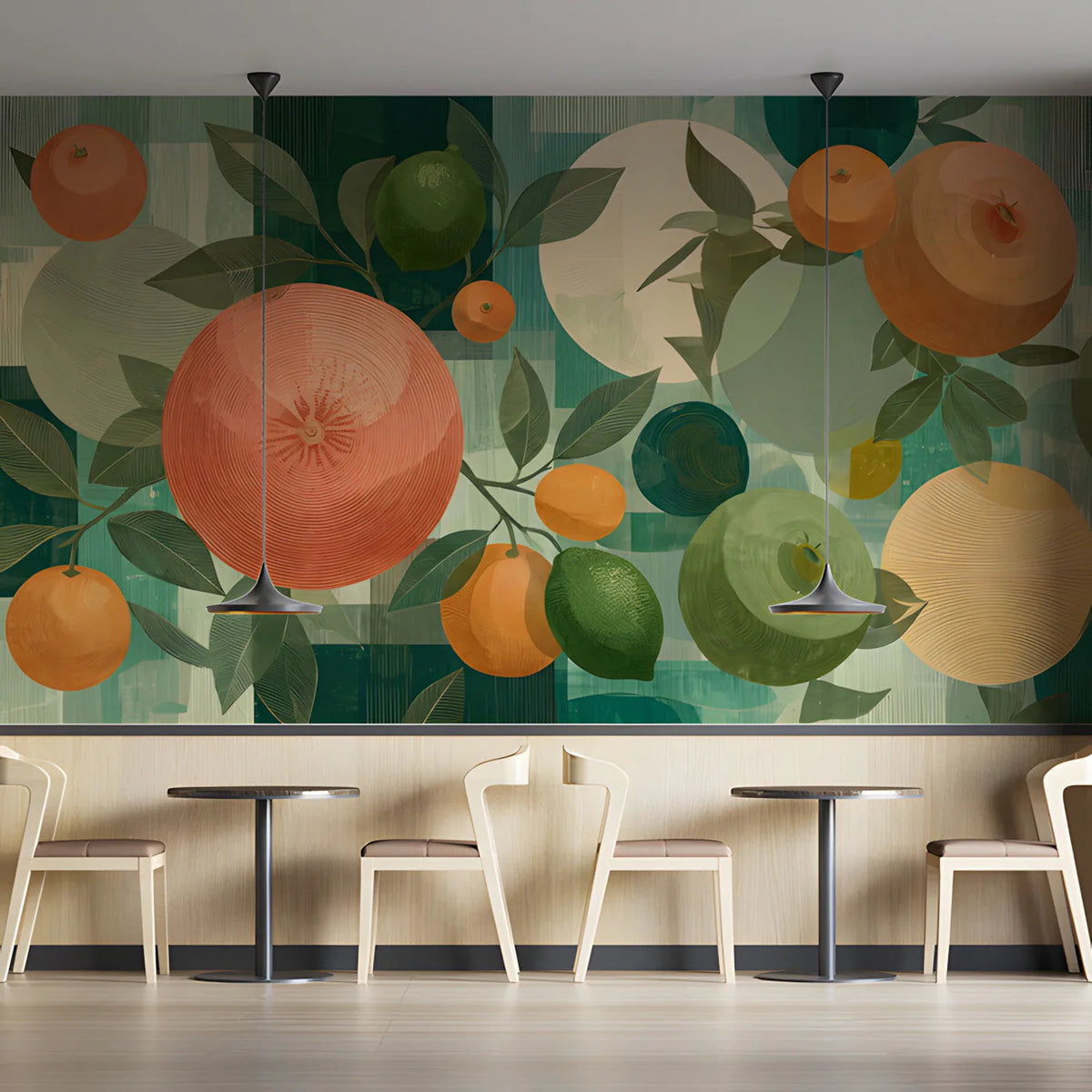 Citrus Grove Geometric Mural Wallpaper — Mid Century Modern Fruit Mural Wallpaper - room preview 03