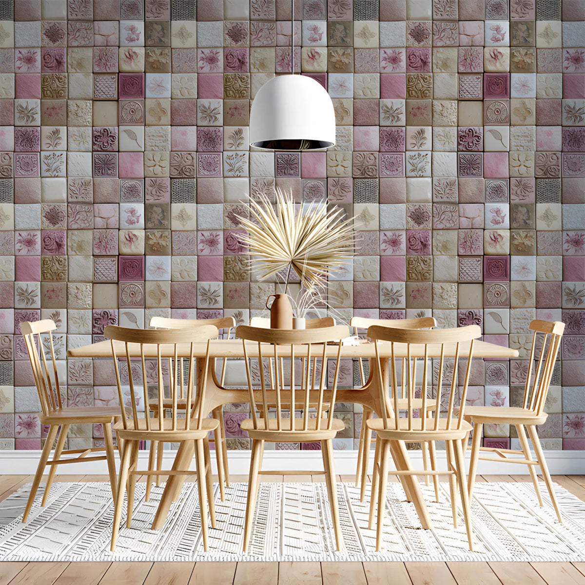 Vintage Botanical Mosaic Mural Wallpaper — Soft Dusty Rose Mural Wallpaper - room preview 03