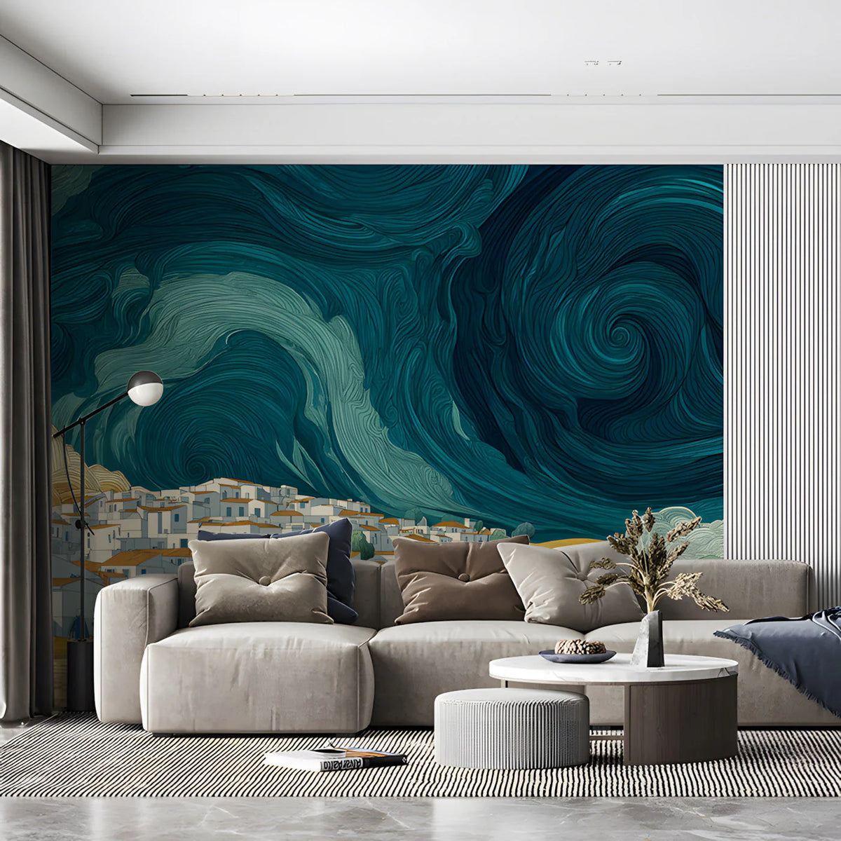 Mediterranean Swirl Mural Wallpaper — Impressionistic Coastal Scene Mural Wallpaper - room preview 03