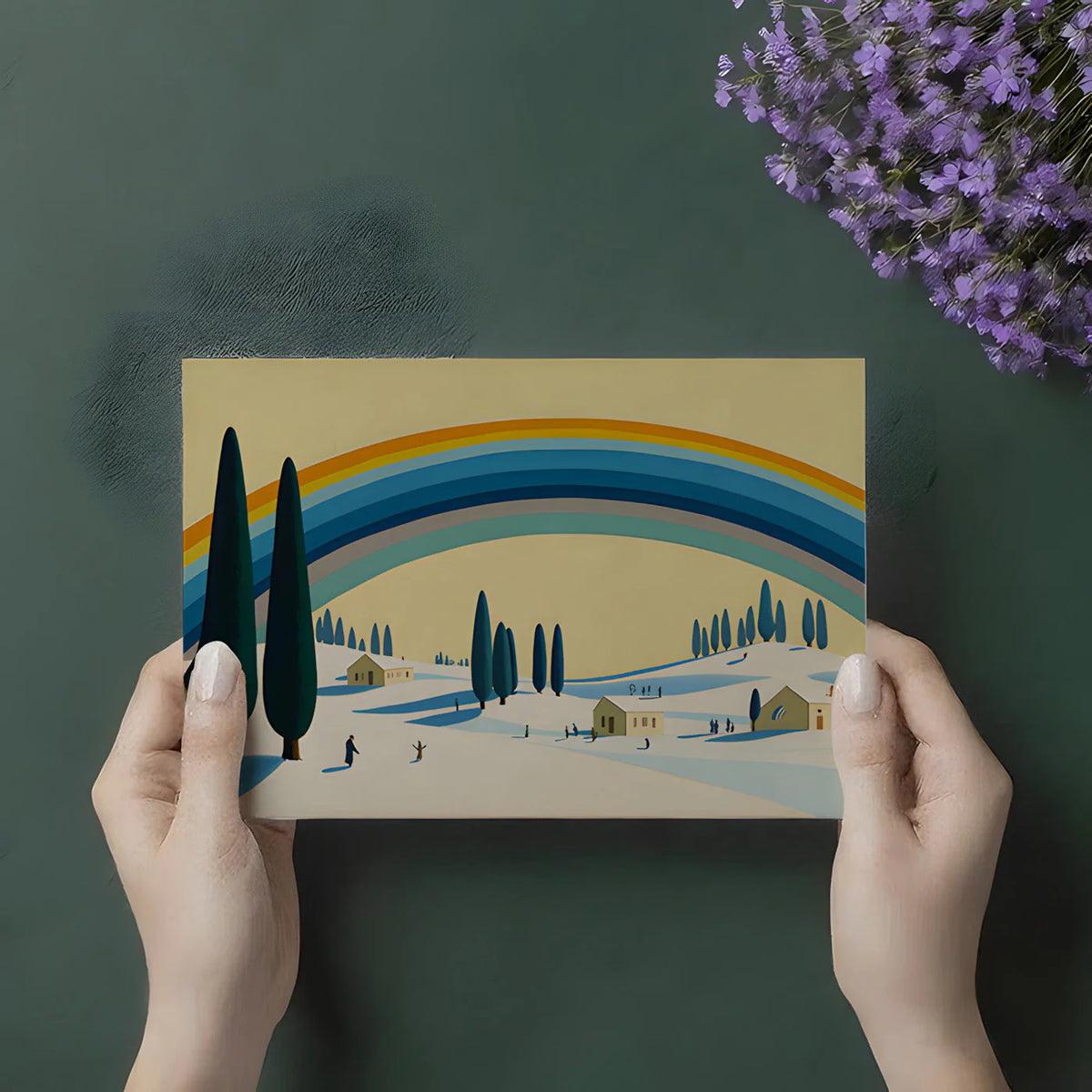 Mediterranean Landscape Mural Wallpaper with Rainbow Motif Mural Wallpaper - room preview 03