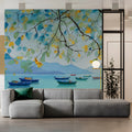 Watercolor Lake Boats Mural Wallpaper — Calm Coastal Blue Scene Mural Wallpaper - room preview 03